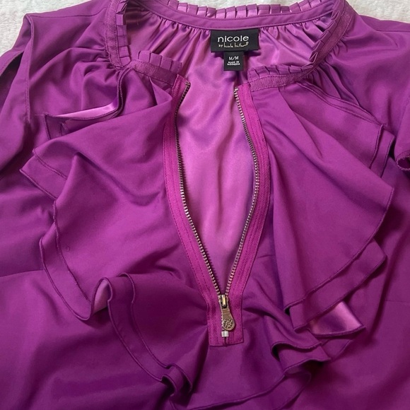 Nicole Miller Ruffle Neckline Tank Top Sleeveless Blouse Solid Purple Pullover M - Picture 5 of 8